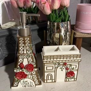 Paris Eiffel Tower toothbrush holder and soap dispenser.
